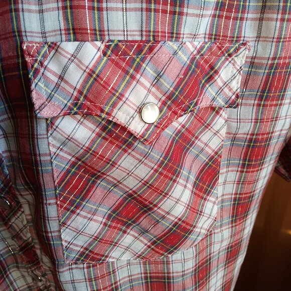 Vintage Men's Western Shirt Large 1980's Shiny Thread Red Plaid Buttery Thin Lg - Picture 5 of 8